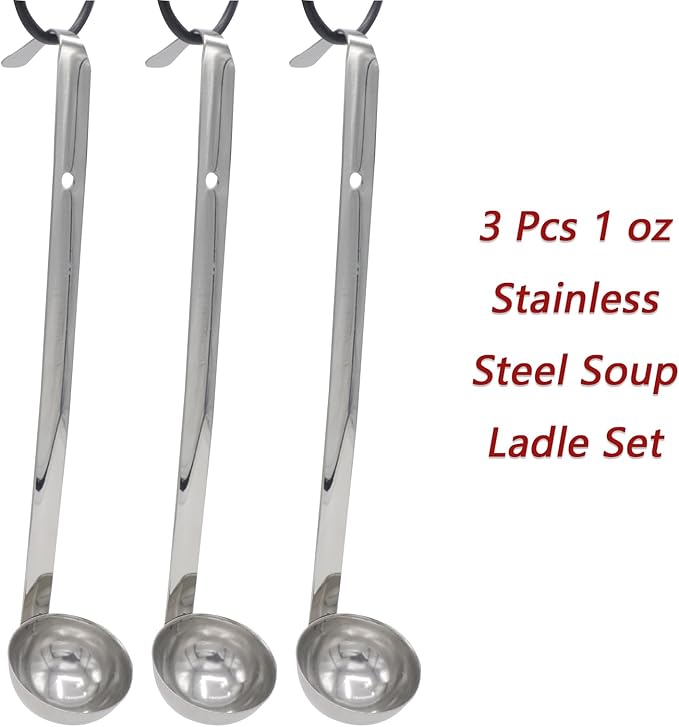 3 Pcs 1 oz Stainless Steel Soup Ladle Set, Long Handle Serving Spoons with Hooked Handles, Kitchen Cooking Utensils for Sauce Gravy Stew - Image 2