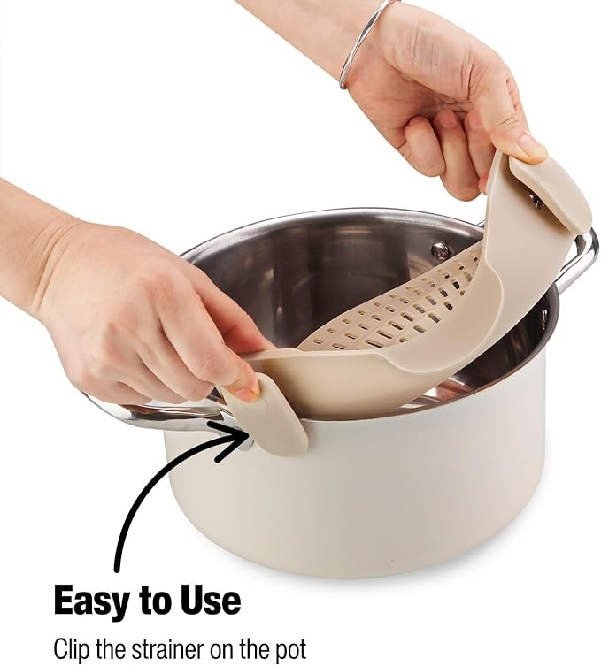Silicone Pot Strainer, Emptycolor Adjustable Clip On Strainer for Pots Pans, Heat Resistant Pot Drainer, Kitchen Pasta Colander for Vegetables and Noodles (Light Tan) - Image 5