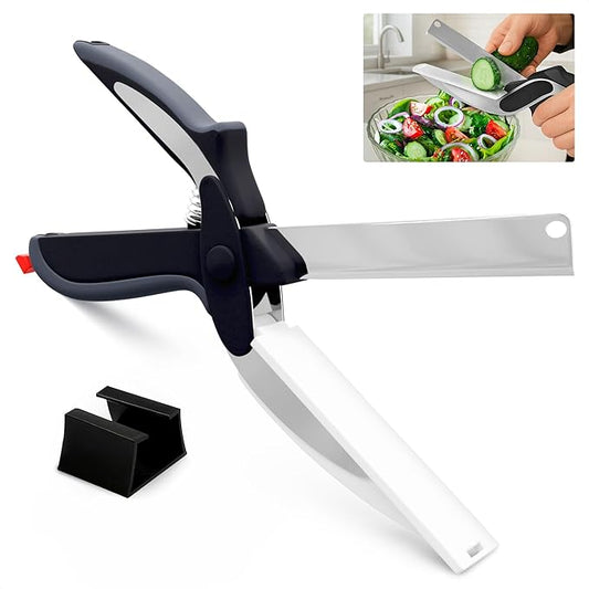 2 in 1 Kitchen Scissors for Food – Stainless Steel Blade & Plastic Cutting Board Scissors with Safety Lock | 9.5" Tomato Knife, Fruit & Vegetable Cutter – Easy-to-Use Kitchen Shears for Meat, Cheese by LIBERHAUS