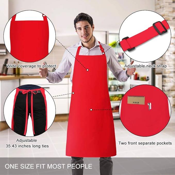 Jubatus 2 Pack 100% Cotton Aprons with 2 Pockets Cooking Chef Kitchen Adjustable Bib Apron for Women Men, Red - Image 2