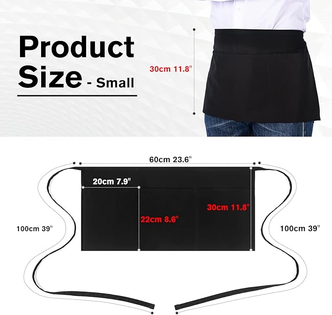 Jubatus 3 Pack 100% Cotton Server Apron with 3 Pockets for Women Men Waist Waitress Half Waiter Serving Short Aprons, Black 23.62 x 11.81 inches