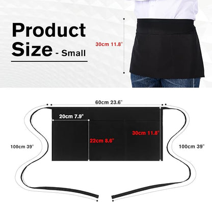 Jubatus 3 Pack 100% Cotton Server Apron with 3 Pockets for Women Men Waist Waitress Half Waiter Serving Short Aprons, Black 23.62 x 11.81 inches
