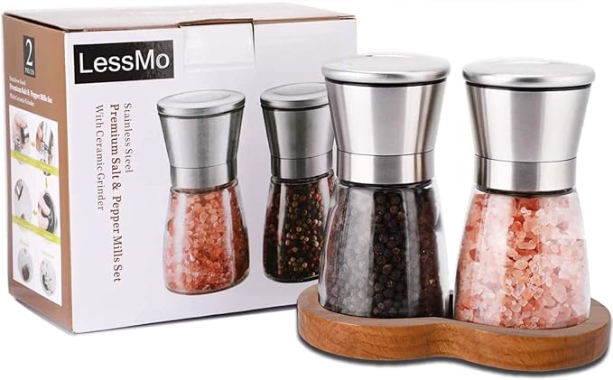 LessMo Salt and Pepper Grinder Set with Wooden Standing Tray, Refillable Pepper Mill Set - Brushed Stainless Steel - Short Glass Shakers with Adjustable Coarseness for Peppercorn, Salt or Spice Mills - Image 7