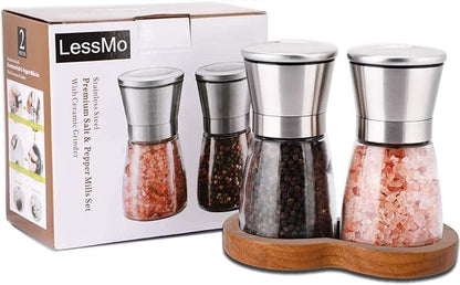 LessMo Salt and Pepper Grinder Set with Wooden Standing Tray, Refillable Pepper Mill Set - Brushed Stainless Steel - Short Glass Shakers with Adjustable Coarseness for Peppercorn, Salt or Spice Mills - Image 7