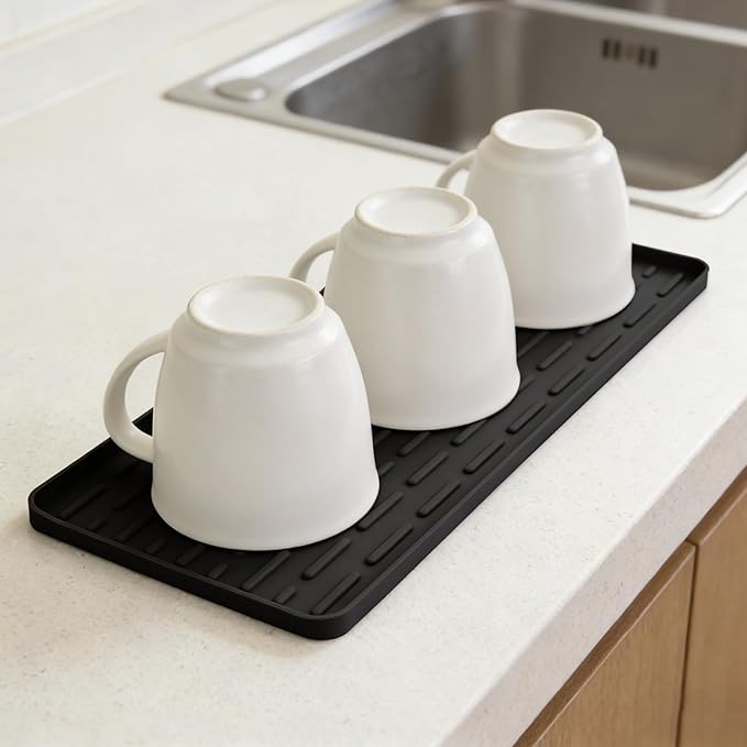 Silicone Coffee Mat, 16"X7" Heat-Resistant,Eco-friendly,Hygienic Drying Pad,Leak-Proof and Non-Slip,Removable Silicone Mat with Concave and Convex Design,（Black 16X7） by SCYFREID