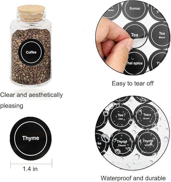 Spice Labels, 432Pcs Spice Labels Stickers 1.4in Waterproof Adhesive Round Preprinted Spice with Blank Label Black Tear Resistant Sticker for Kitchen Jars Caps Food Containers Spice Organizers - Image 2