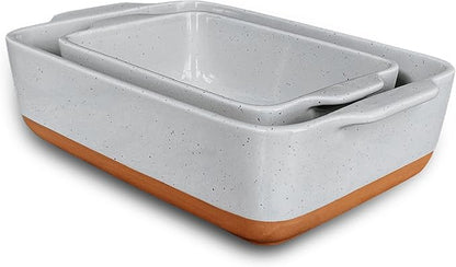 Mora Ceramic Set of 2 Baking Dishes For Casserole, Banana Bread, Brownies, Broiling, Roasting, and Baking. 7x11 in and Loaf Pans - Porcelain Serving Bakeware from Oven to Table. Freezer Safe - Grey by MORA