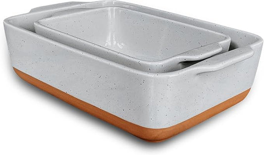 Mora Ceramic Set of 2 Baking Dishes For Casserole, Banana Bread, Brownies, Broiling, Roasting, and Baking. 7x11 in and Loaf Pans - Porcelain Serving Bakeware from Oven to Table. Freezer Safe - Grey by MORA