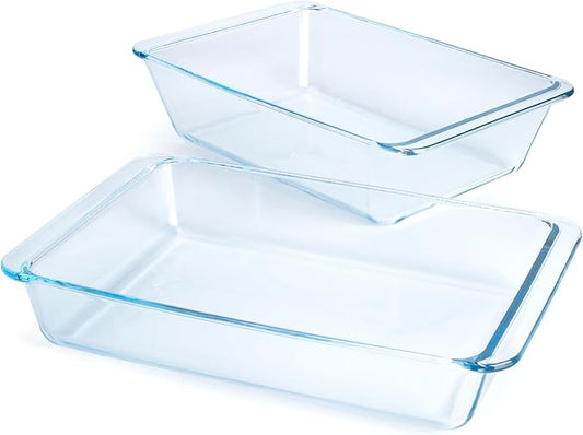 Set of 2 pcs Tempered Glass Baking Dish Set, Deep and Classic Borosilicate Glass Baking Dish Set (3.5L+2.8L). Oven, Microwave, Refrigerator and Dishwasher Safe.