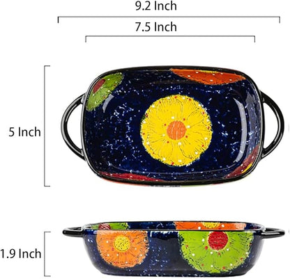 Vintage Style Pottery Bakeware Colorful Daisy Pattern Ceramic Casserole Dish Baking Pan Lasagna Pans Baking Dish with Handles from Oven to Table Plate-1 PCS, 22 OZ - Image 2
