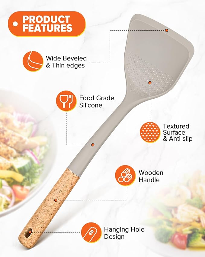 Silicone Cooking Utensils Set, Perfectly Angled for Frying, Mixing,Serving,Draining,Turning and Stirring, BPA-Free Matte Silicone, Wood Handles, Safe for Nonstick Cooking Surfaces,4 Pack (Khaki) - Image 4