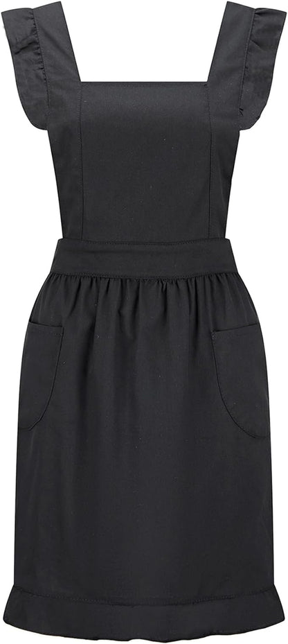 Hyzrz Retro Adjustable Ruffle Aprons with Pockets for Women Girls Vintage Cross Back Pinafore Dress Maid Costume Apron