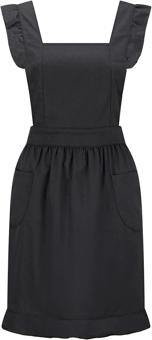 Hyzrz Retro Adjustable Ruffle Aprons with Pockets for Women Girls Vintage Cross Back Pinafore Dress Maid Costume Apron