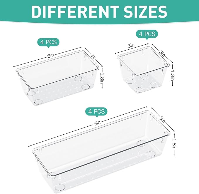 WOWBOX 12 Pack Clear Drawer Organizer Set, Acrylic Drawer Storage Trays, Storage Bins for Makeup, Cosmetics, Jewelries, Utensils, Gadgets, Office - Image 2