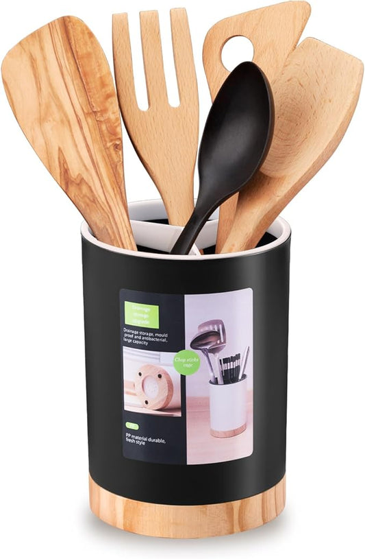 Kitchen Utensil Holder Tableware Storage Bucket, Spoon Chopsticks Fork Drain Rack Utensil Crock for Counter, Household 3-Format Tableware Drainer with Removable Divider and Wooden Base by Tiosamd