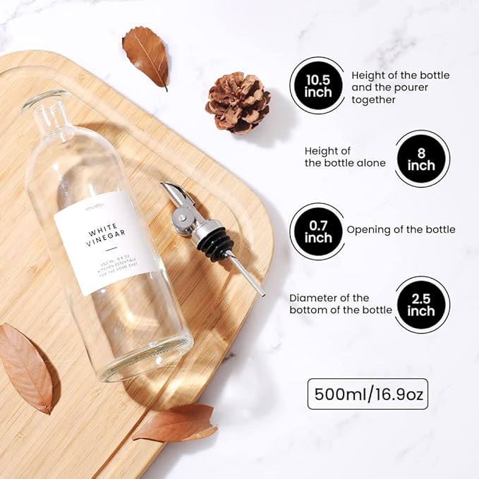 Molimoli Oil and Vinegar Dispenser with Metal Pour Spout, Weighted Pourer, Glass Bottle Dispenser for Kitchen, Olive Oil Cruet, Glass Olive Oil Bottle | 500ml, Set of 2 - Image 2