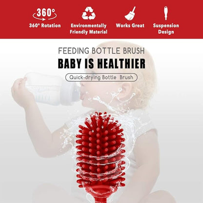 Silicone Bottle Cleaning Brush with Long Handle, BPA Free 12.5" Water Bottle Cleaner for Baby Bottles, Hydro Flask, Sports Bottle, Vase, Glassware, Perfect for Smaller Diameter Bottle Openings (Red)