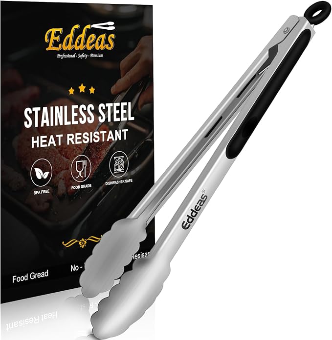 Eddeas Kitchen Tongs - 12 inch Heavy Duty Food Tongs, Ergonomic Grip,Superior Stainless Steel and Non-Slip Heat Resistant handle - Perfect for Cooking, Salad, Grilling, Barbecue,Dishwasher safe by Eddeas