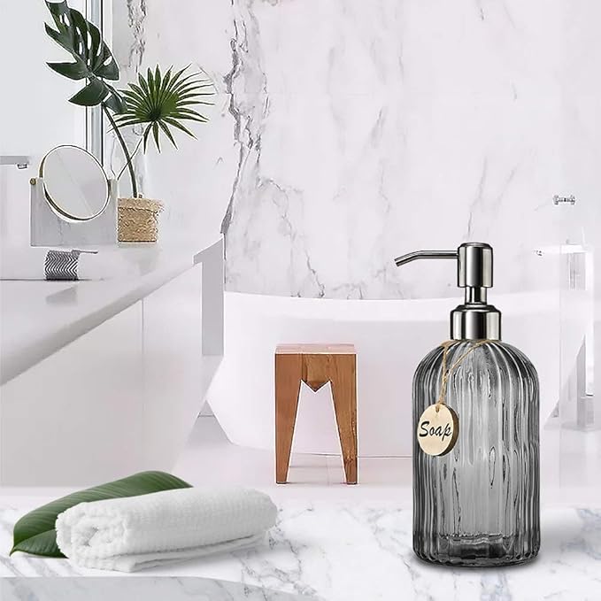 JASAI 18 Oz Vertical Stripes Kitchen Soap Dispenser with 304 Rust Proof Stainless Steel Pump, Refillable Liquid Soap Dispenser for Bathroom, Kitchen, Hand Soap, Dish Soap (Clear Grey) - Image 5