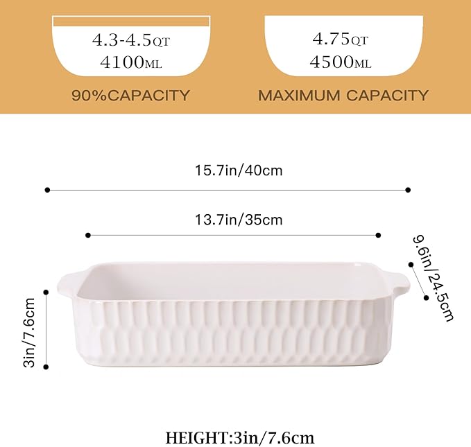 4.7QT Casserole Dishes for Oven, 9x13” Large Lasagna Pan, Ceramic Baking Dish, Rectangular Lasagna Pan Deep with Handles for Baking, Casserole, Kitchen, Birthday Gift for Mother Father Women Men - Image 2