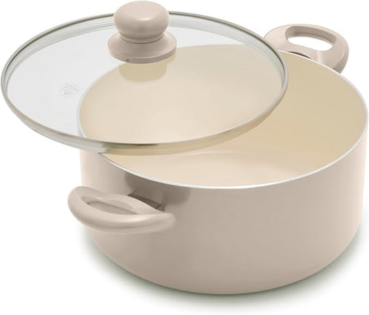 GreenLife 5 Quart Nonstick Stock Pot with Lid, Non-Toxic Ceramic Pot, Dishwasher Safe, Induction Ready, Fast Heating, Stay-Cool Handles, Kitchen Casserole, Soup, Pasta, Easy Clean, Beige Taupe