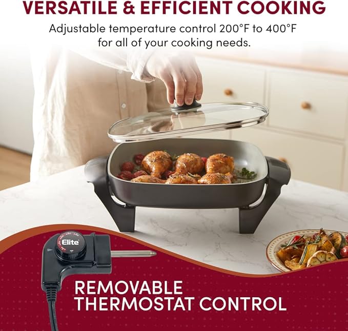 Elite Gourmet 12"x12"x2.15” Ceralast™ PFAS Free Ceramic Electric Skillet, Dishwasher Safe, Rapid Heat Up, 1200W, Dark Grey - Image 5