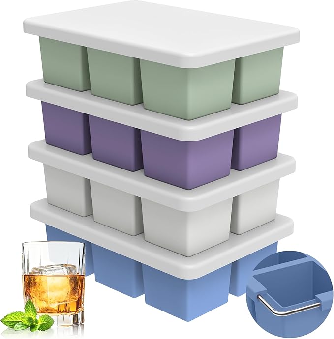 mossime Silicone Ice Cube Tray: 4pack Square Whiskey Large Ice Cube Molds - Old Fashioned Ice Cube Trays with Lid - 2inch Easy Release Big Freezer Mold for Cocktail Food Soup & Juice by mossime