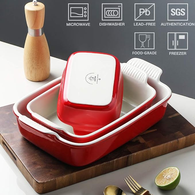 Sweejar Baking Pans Set, Ceramic 9x13 Baking Dish with Handle, Rectangular Casserole Dishes for Oven, Bakeware Sets of 3, Durable Lasagna Pan Deep for Kitchen, Banquet, Wedding Gift(Red) - Image 2