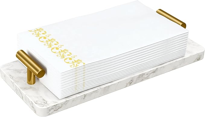 STWWO Napkin Holder for Bathroom, Guest Towel Holder Tray for Bathroom, Marble Guest Napkin Holders with Golden T-Handle, Disposable Hand Towel Tray for Guest Room, Table, Kitchen
