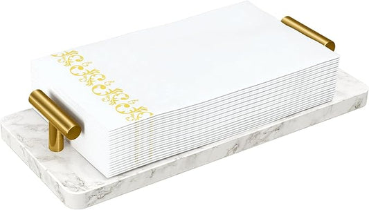 STWWO Napkin Holder for Bathroom, Guest Towel Holder Tray for Bathroom, Marble Guest Napkin Holders with Golden T-Handle, Disposable Hand Towel Tray for Guest Room, Table, Kitchen