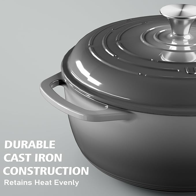 Enameled Cast Iron Dutch Oven - Umite Chef 6QT Pot with Lid & Cotton Potholders - Dual Handles -Versatile Heavy Duty Cookware for Bread Baking，Braising, Stews, Roasting（Grey） - Image 3