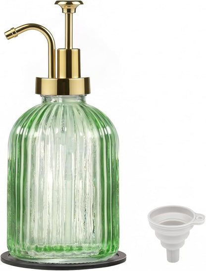 SheeChung Green Glass Soap Dispenser, 12 Oz Liquid Hand Soap Dispenser with Pump, Refillable Lotion Dish Soap Dispenser for Kitchen, Stripes Shampoo Bottle, Bathroom Countertop (Gold Pump, 1 Pack)
