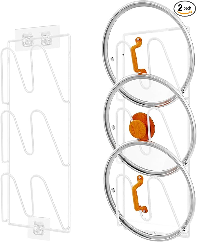 Durmmur 2 Pack Pot Lid Organizer Rack, 6-Tier Pot Lids Holder for Cabinet Door/Wall, No Drilling Adhesive Wall/Door Mounted Rustproof Pot and Pan Cover for Kitchen Storage, White by Durmmur