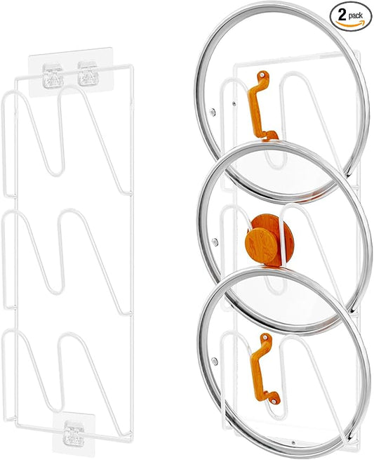 Durmmur 2 Pack Pot Lid Organizer Rack, 6-Tier Pot Lids Holder for Cabinet Door/Wall, No Drilling Adhesive Wall/Door Mounted Rustproof Pot and Pan Cover for Kitchen Storage, White by Durmmur