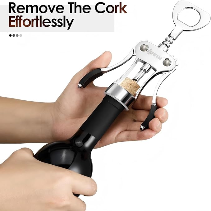 IPOW Wine Opener, Zinc Alloy Wine Bottle Opener, Wing Corkscrew Heavy Duty, Manual Multifunctional Cork Screw for Waiter, Silver - Image 6