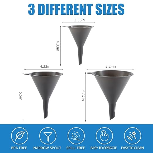 Plastic Kitchen Funnel Set of 3, Round Kitchen Funnels for Filling Bottles, Durable and Multifunctional Funnels for Filling Canning, Cooking, Lab or Car Oil (Gray) - Image 2