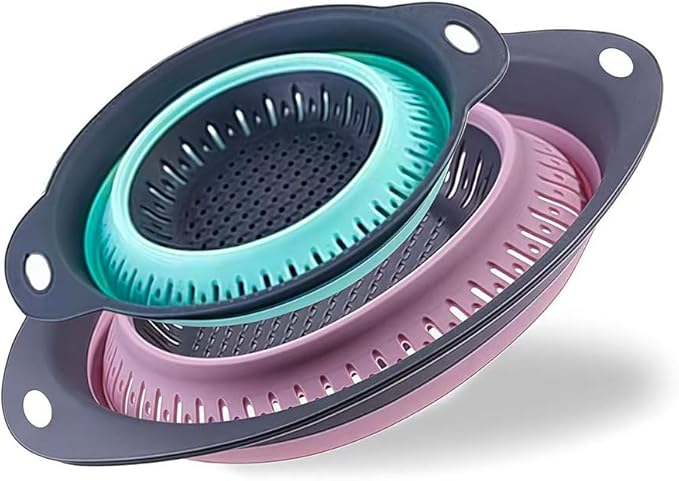 Collapsible Colander Set, Square Round Triangles Silicone Kitchen Strainer Perfect for Draining Pasta Vegetable fruit 2 PCS (Green & Red, 12"L x 9.5"W x 2.3"H) by FglmctshHomeProducts