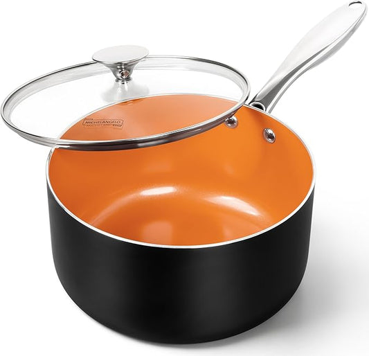 MICHELANGELO 4 Quart Saucepan with Lid - Ultra Nonstick Sauce Pan with Ceramic Coating, 4 Qt Non Stick Pot Induction Compatible, Copper by Michelangelo