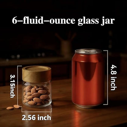 6-Pack 6 fl oz Stackable Airtight Glass Jars (with Acacia Wood Lids + Sticker Labels) – Small Mason Jars designed for overnight oats, spices, dry goods, and kitchen organization.