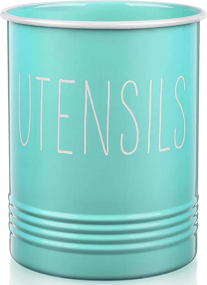 Bivvclaz Teal Kitchen Utensil Holder, 6.7" Utensil Holder for Kitchen Counter, Cooking Utensil Crock with Cork Bottom, Turquoise Decor and Accessories, Countertop Utensil Storage Caddy Organizer by Bivvclaz
