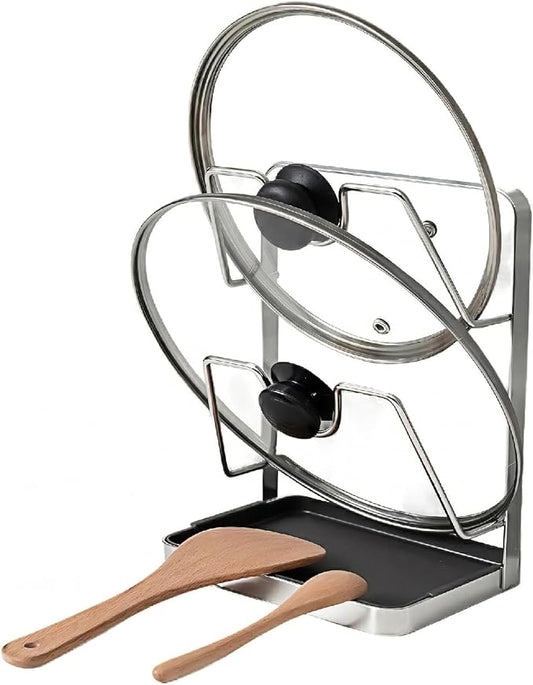Space-Saving 304 Stainless Steel Pot Lid Holder While Cooking, Double-Layer Kitchen Pot Lid Storage Rack with Removable Drip Tray, Countertop Vertical pan lid organizer for pots and pans(Silver)