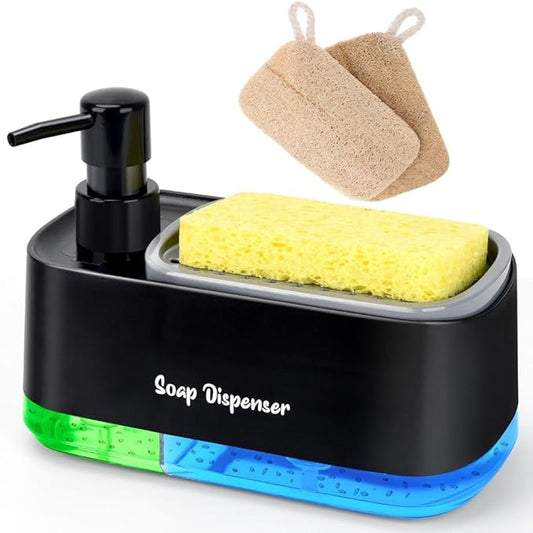 5-in-1 Kitchen Soap Dispenser Set with Sponge Holder - Dual Hand & Dish Soap Pump Dispenser for Sink Countertop with 2-Packs Natural Loofah Dish Sponge Dishwashing Scrubber,Black by Unknown