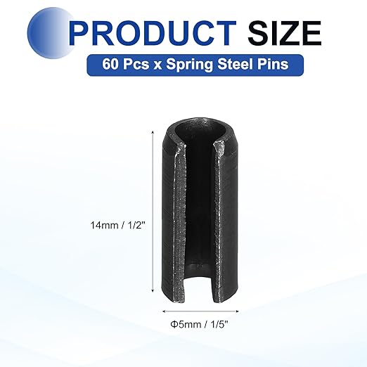 MECCANIXITY 60Pcs Slotted Split Roll Pins 1/5 Inch(5mm) Dia. 1/2 Inch(14mm) Length 65Mn Steel Spring Tension Expansion Dowels for Secure Fastening, Black