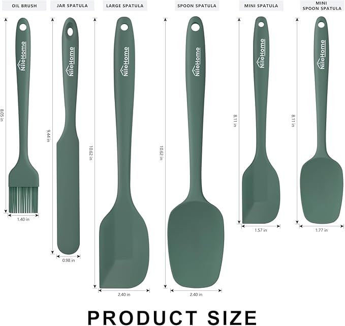 NileHome Silicone Spatula Set, 6 Pieces Food Grade Kitchen Utensils with Silicone Brush Heat Resistant Dishwasher Safe BPA-Free Rubber Spatula for Scraping, Baking, Cooking, Mixing-Green - Image 2