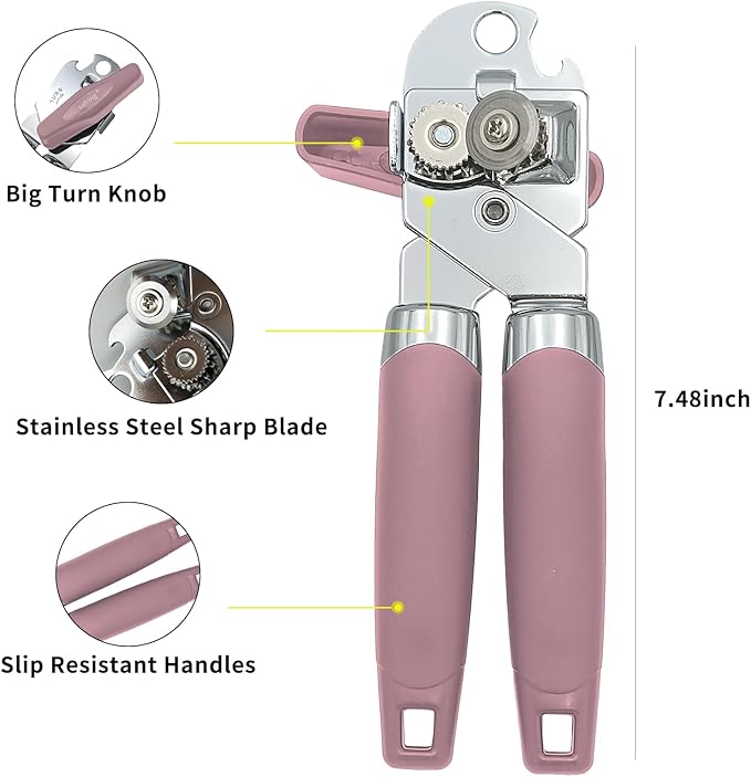 Safring Can Opener Manual, Handheld Strong Heavy Duty Stainless Steel Can Opener, Comfortable Handle, Sharp Blade Smooth Edge, Can Openers with Multifunctional Bottle Opener, Pink - Image 3