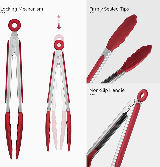 600ºF Heat Resistant Kitchen Tongs: U-Taste 9 inch Silicone Cooking Tong with Firm Sealed Non Stick Rubber Tips & Silicon Coated 18/8 Stainless Steel Handle & Smooth Locking for Serving Salad (Red) - Image 6