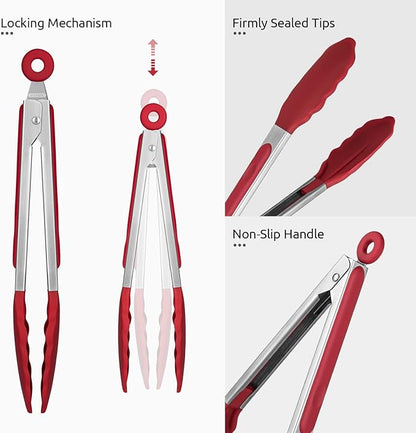 600ºF Heat Resistant Kitchen Tongs: U-Taste 9 inch Silicone Cooking Tong with Firm Sealed Non Stick Rubber Tips & Silicon Coated 18/8 Stainless Steel Handle & Smooth Locking for Serving Salad (Red) - Image 6
