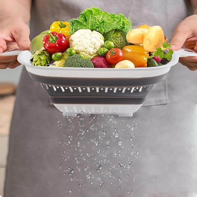 Collapsible Colander Set, Square Round Triangles Silicone Kitchen Strainer Perfect for Draining Pasta Vegetable fruit 2 PCS (10.8"L x 8.6"W x 2"H, Blue & Gray) - Image 4