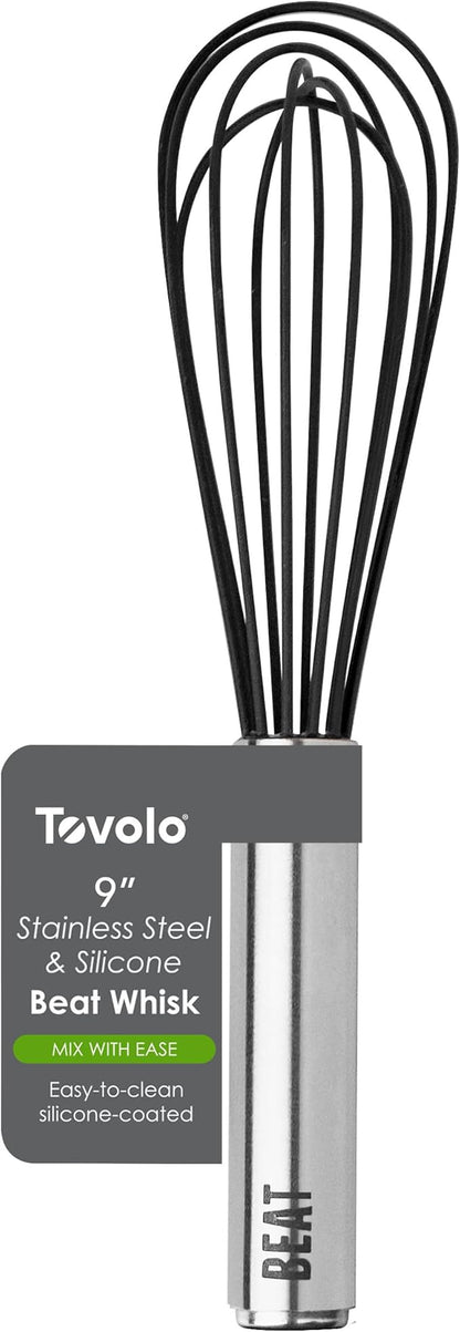 Tovolo Whisk 9 Inch Heavy Duty Silicone Wire Stainless Steel Whisker for Cooking Baking Blending Mixing Stirring Whipping Whisking, Dishwasher Safe Multi Function Classic French Wire Whisk, Black