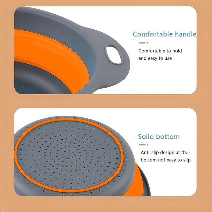 Silicone Colander Collapsible Strainers Set for Kitchen- 2 Pack (3Qt, 4Qt) -Over Home Draining Basket, Food Vegetables & Fruits-Dishwasher Safe, Space Saving Design (Orange) - Image 3